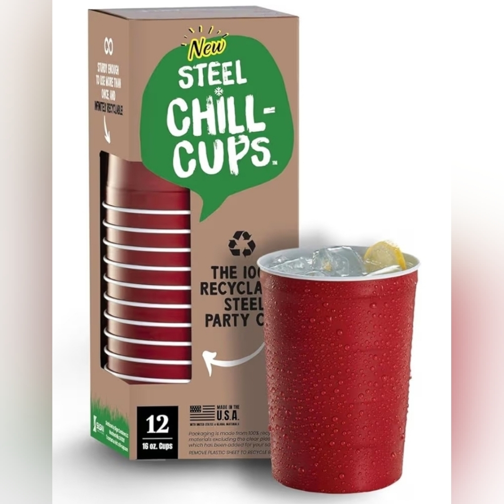 Red Steel Chill Cups Eco Friendly Party Cups Recyclable Made in USA